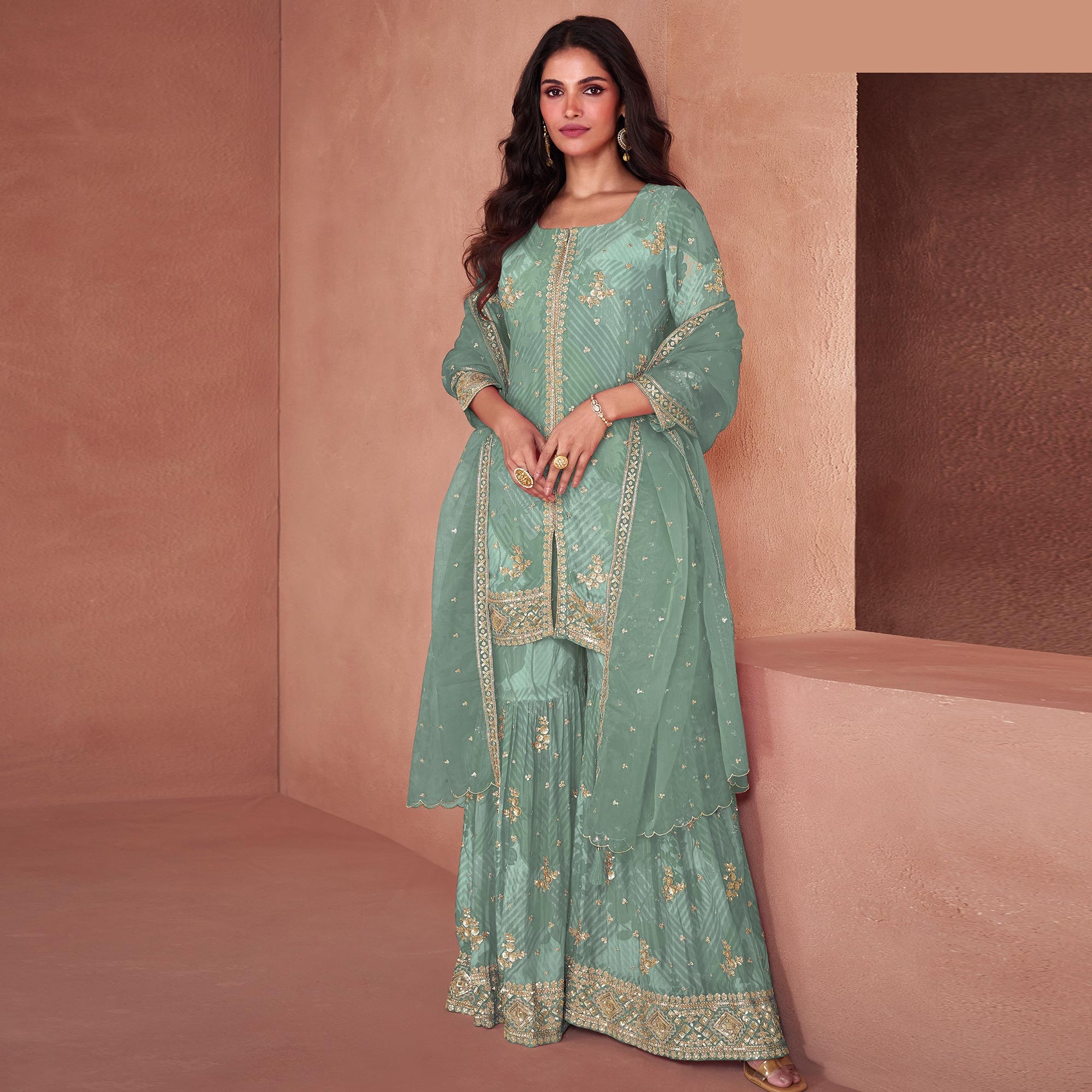 Dusty Green Sequins Embroidered Georgette Sharara Suit