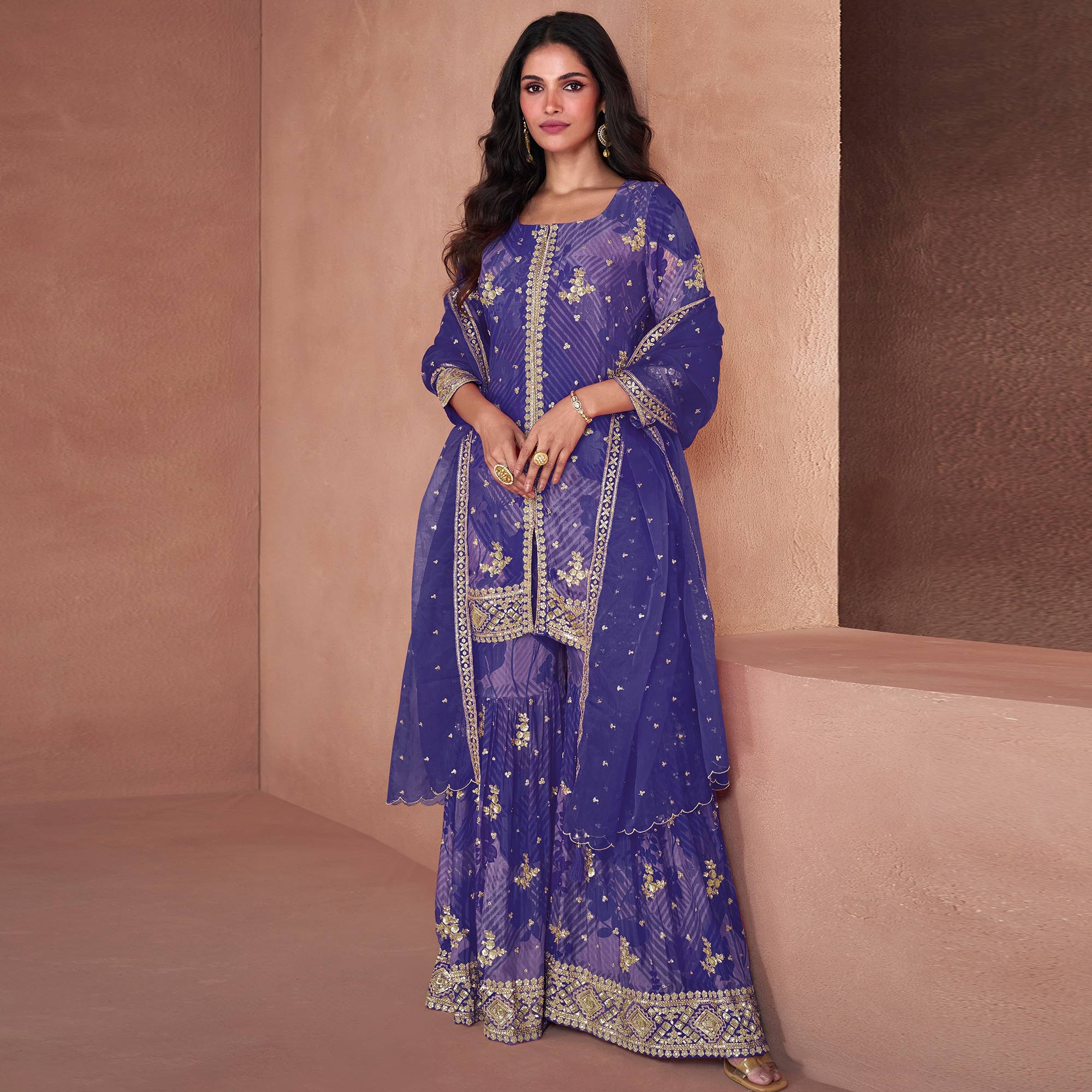 Violet Sequins Embroidered Georgette Sharara Suit