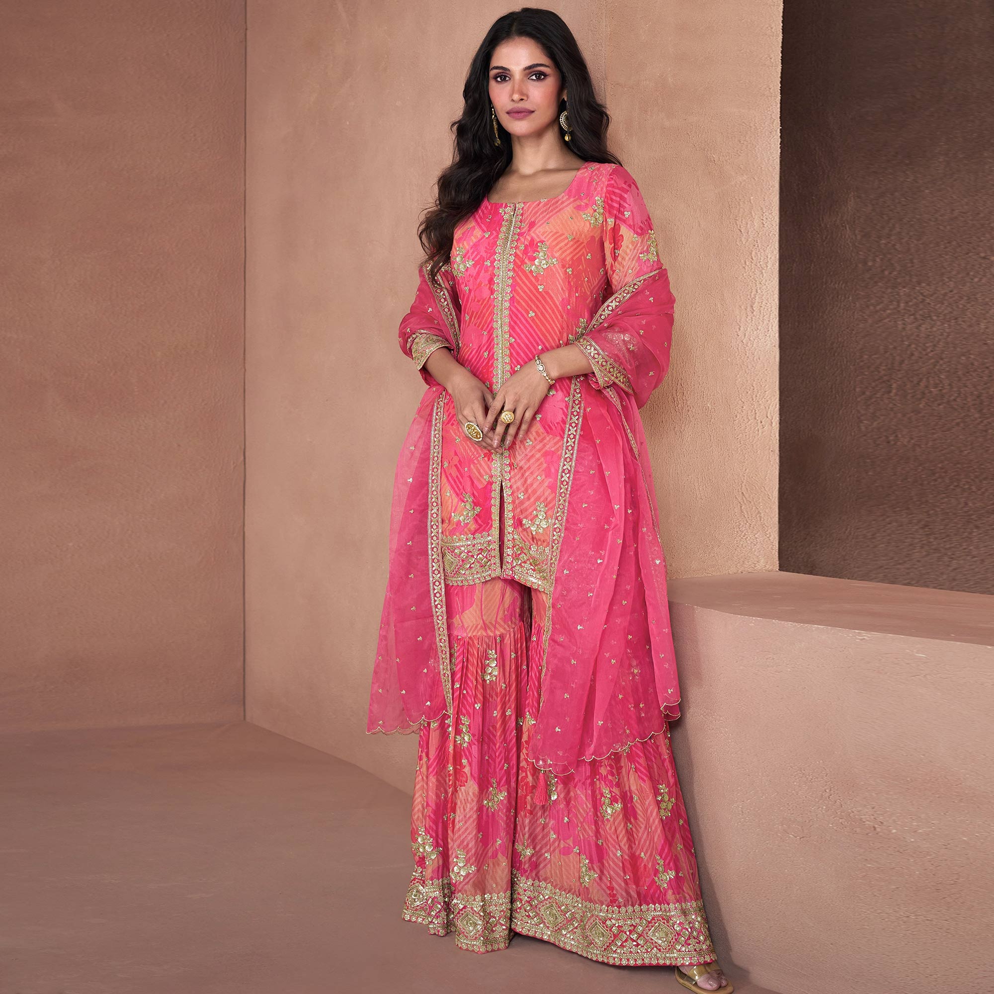 Pink Sequins Embroidered Georgette Sharara Suit