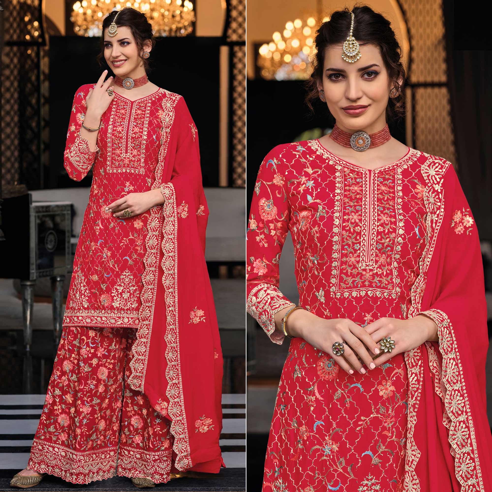 Red Floral Embroidered Pure Silk Unstitched Dress Material