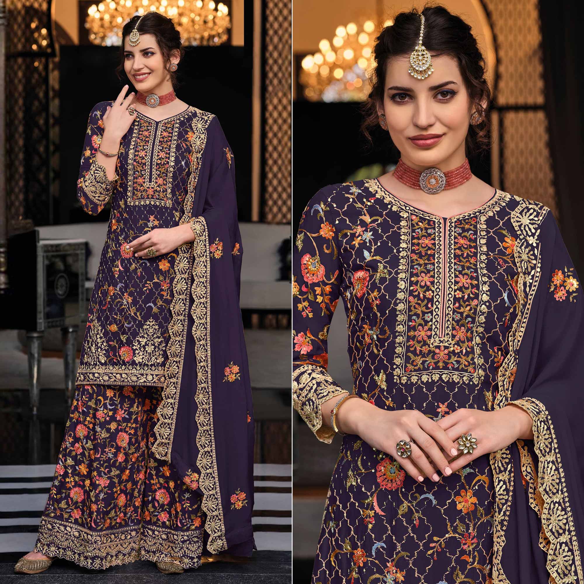 Navy Blue Floral Embroidered Pure Silk Unstitched Dress Material