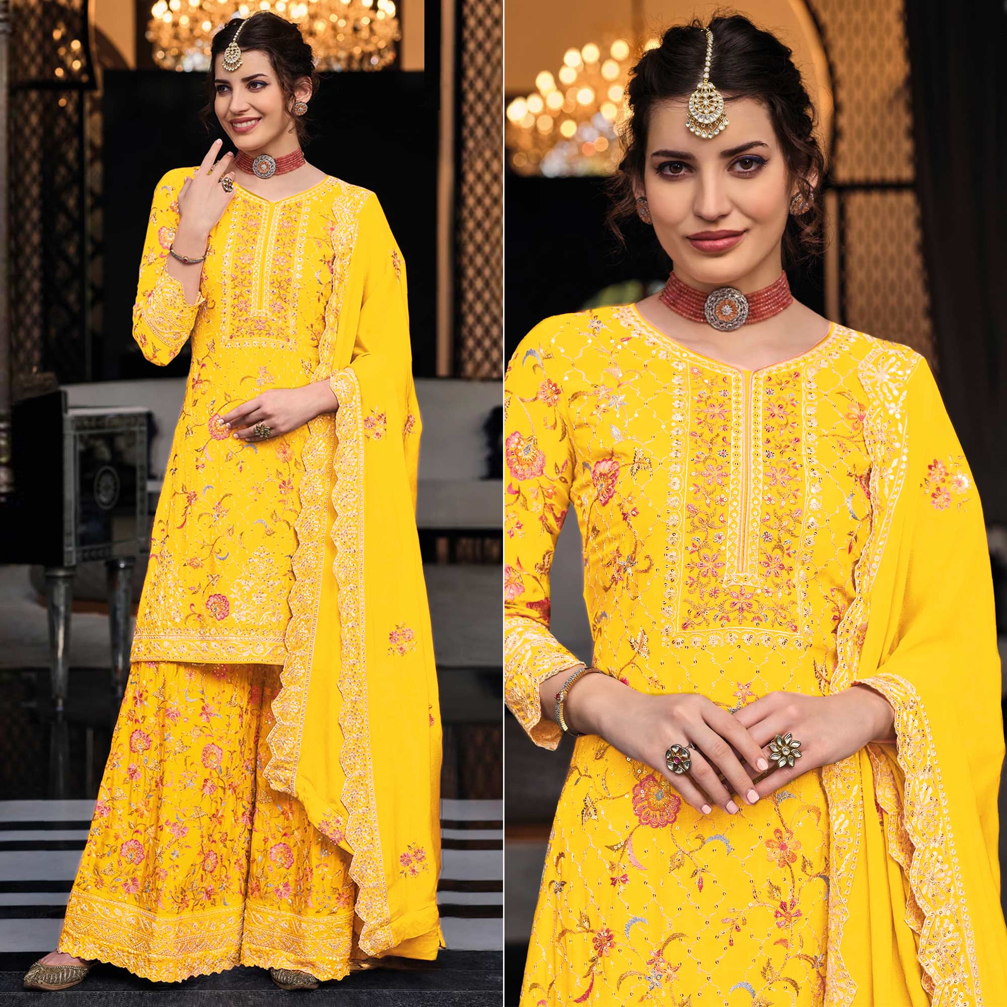 Yellow Floral Embroidered Pure Silk Unstitched Dress Material