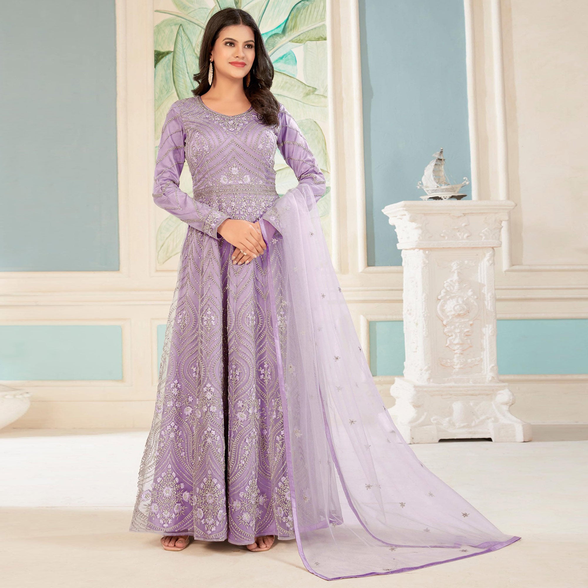 Thistle Purple Floral embroidetred Net Semi Stitched Anarkali Style Gown