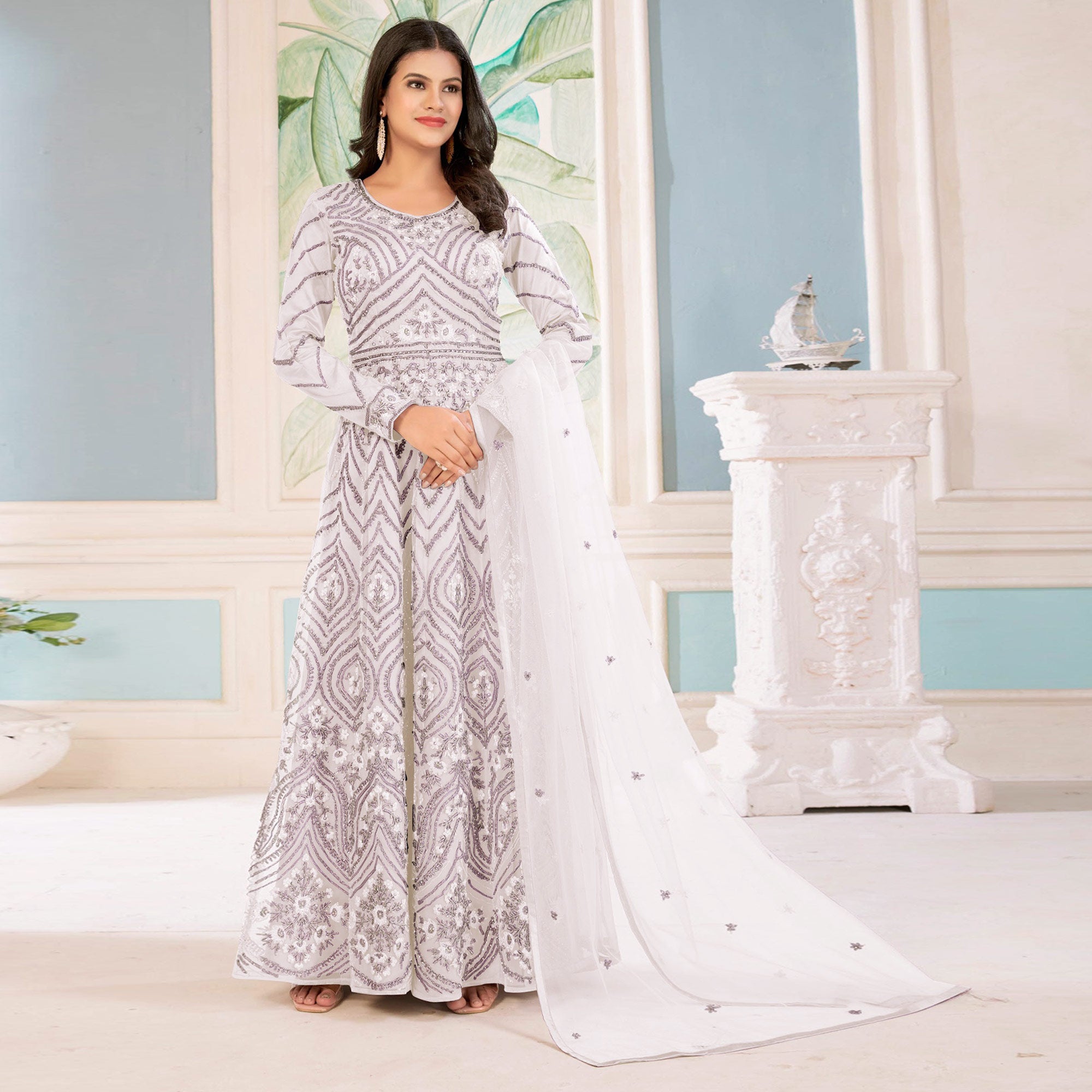 White Floral embroidered Net Semi Stitched Anarkali Style Gown