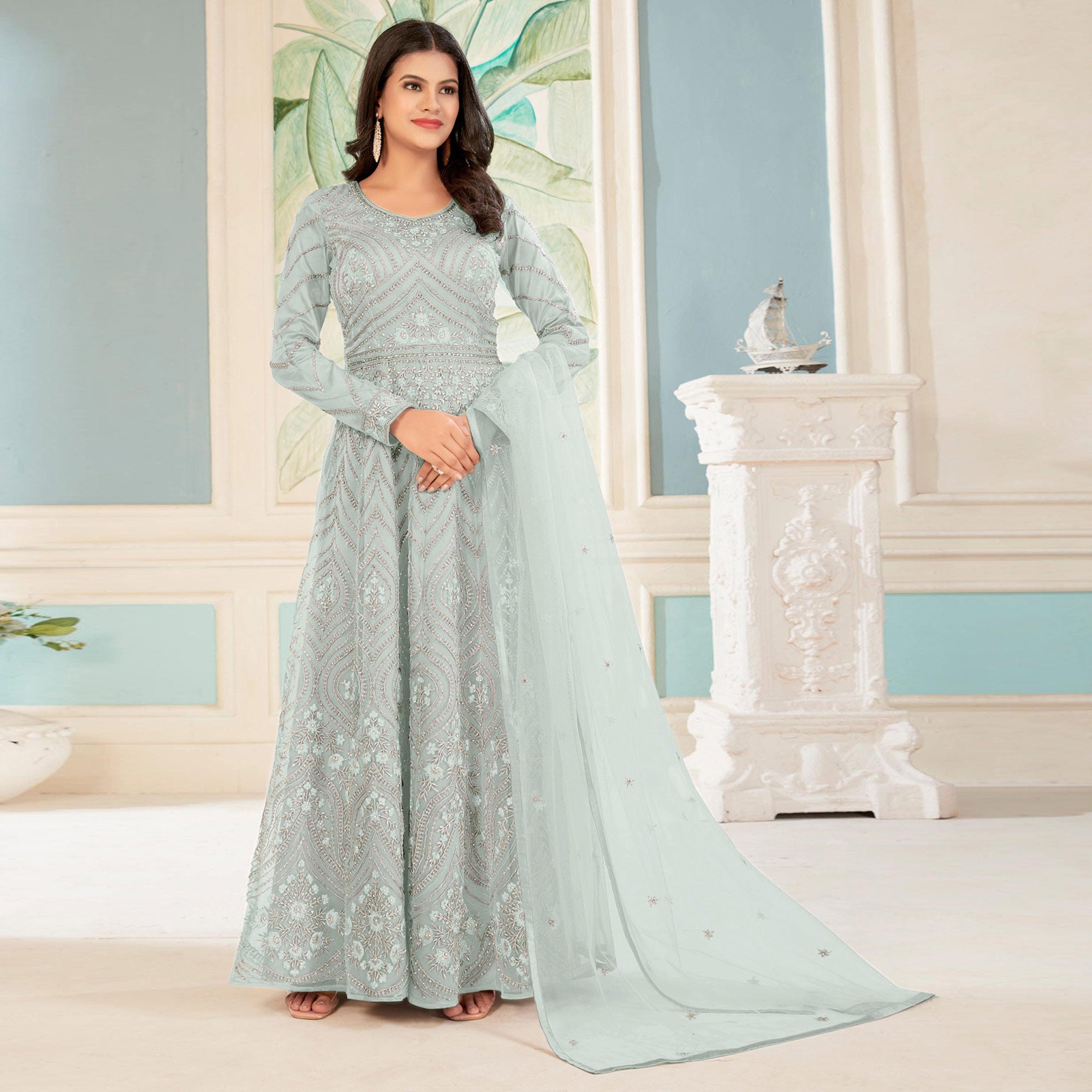 Turquoise Floral embroidered Net Semi Stitched Anarkali Style Gown