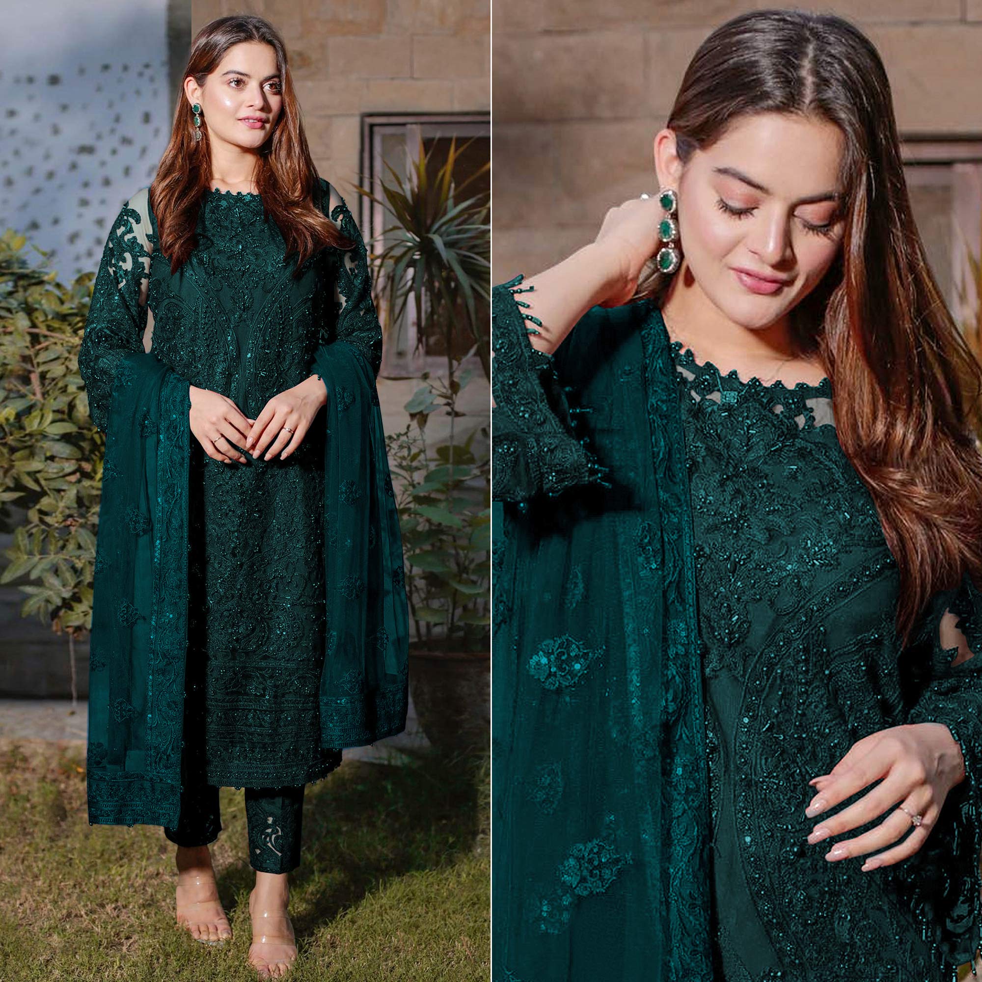 Dark Green Embroidered Georgette Semi Stitched Pakistani Dress Material