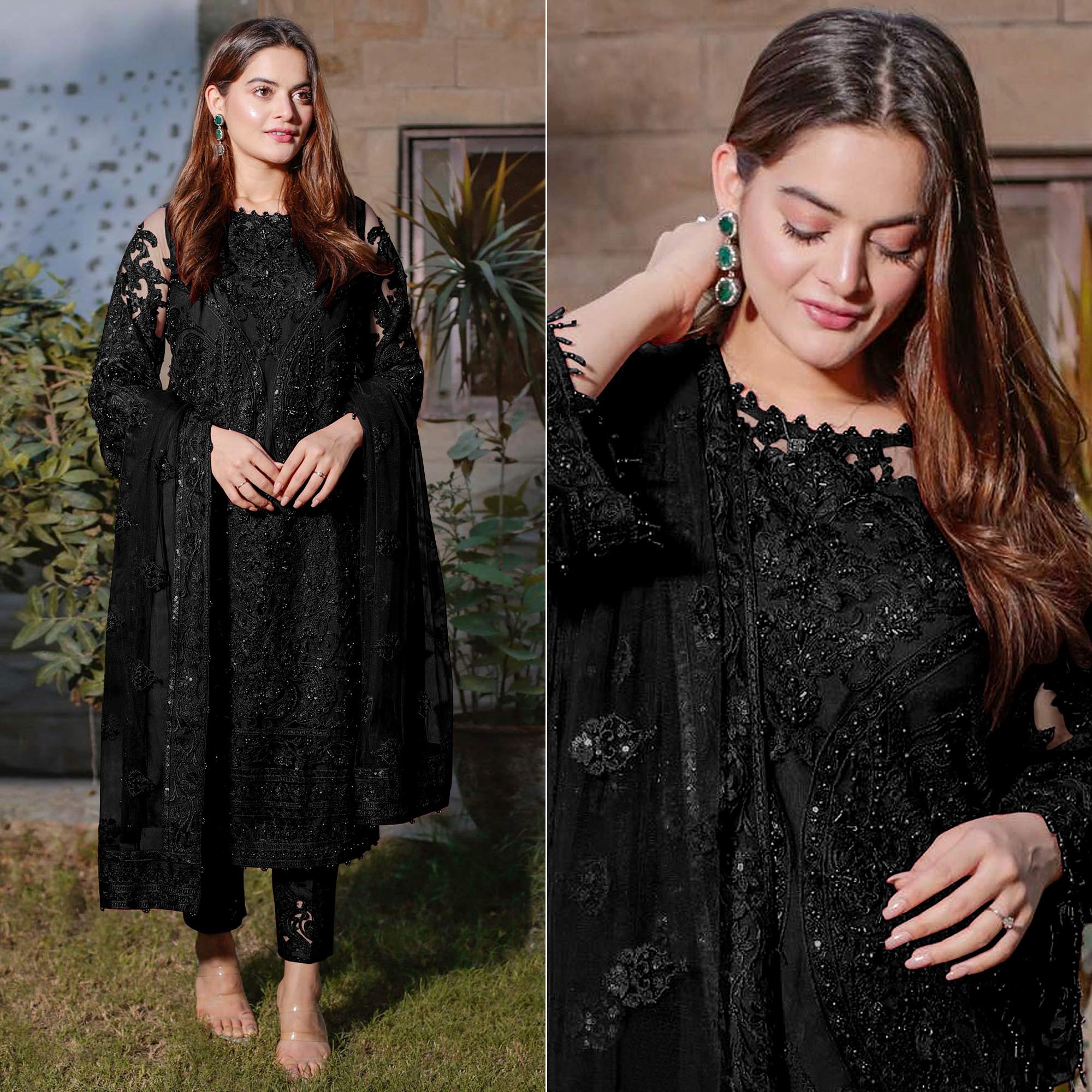 Black Embroidered Georgette Semi Stitched Pakistani Suit