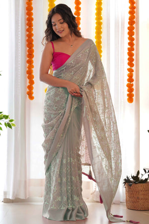 Designer Grey Georgette Saree with Elaborate Heavy Thread Work