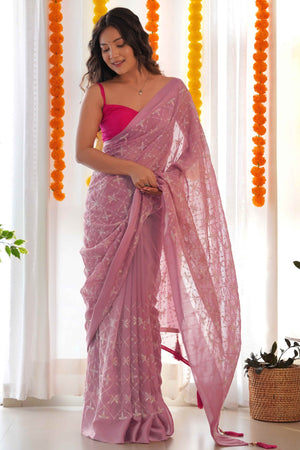 Designer Onion Pink Georgette Saree with Elaborate Heavy Thread Work