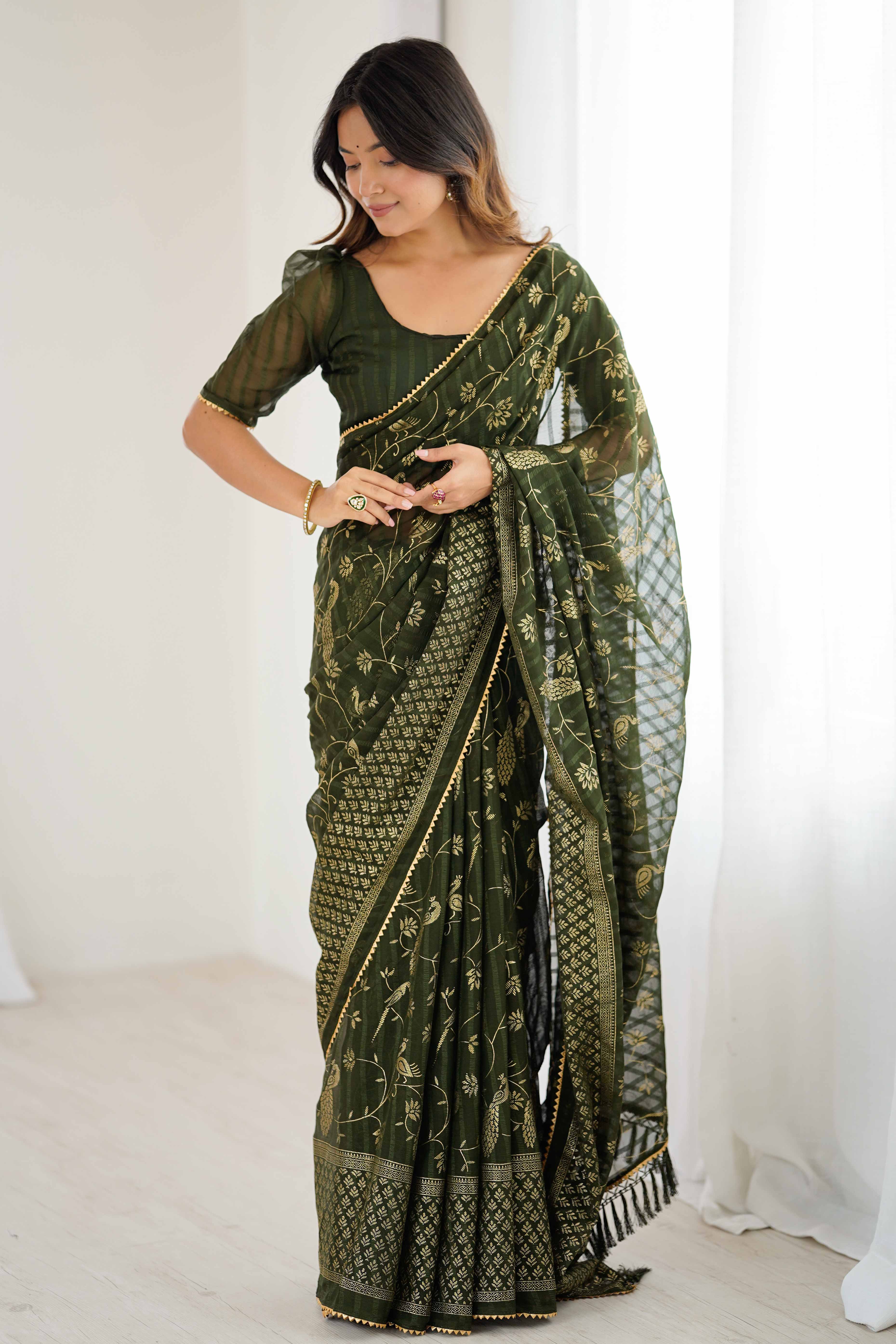 Mehendi Green Georgette Saree with Shimmering Foil Print & Gota Patti Border