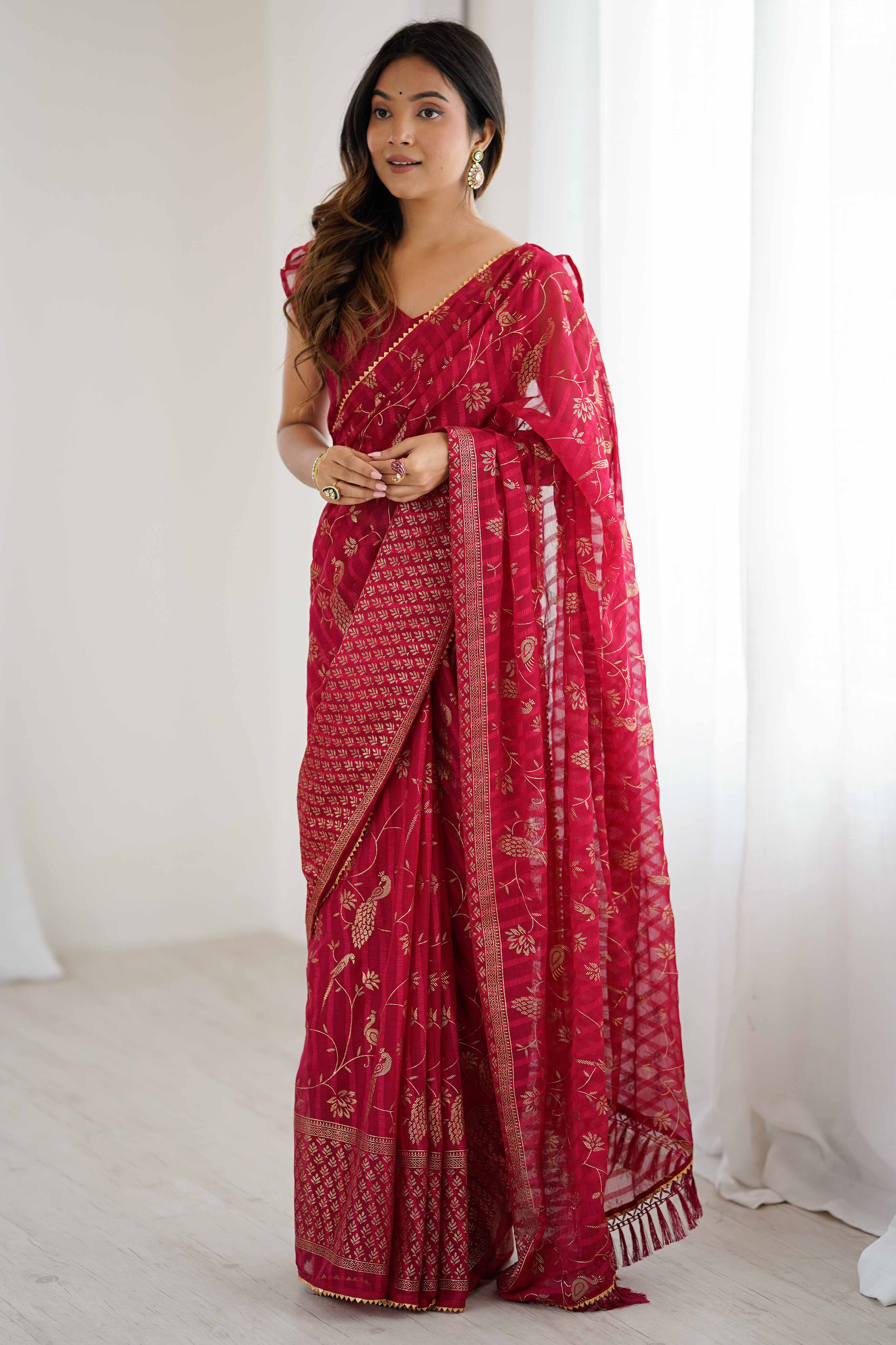 Pink Georgette Saree with Shimmering Foil Print & Gota Patti Border