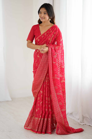 Red Georgette Saree with Shimmering Foil Print & Gota Patti Border