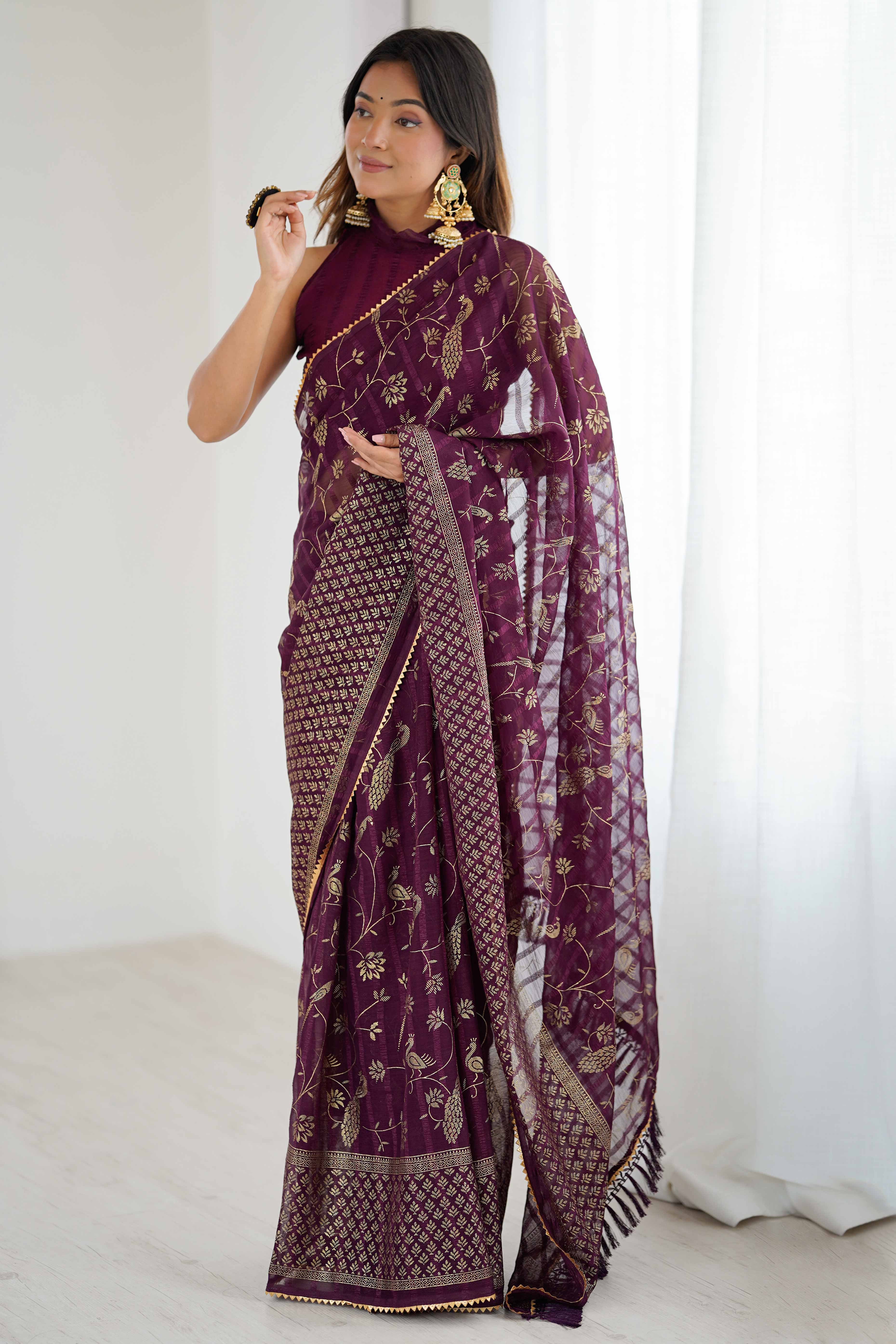 Wine Georgette Saree with Shimmering Foil Print & Gota Patti Border