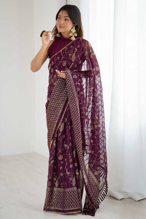Wine Georgette Saree with Shimmering Foil Print & Gota Patti Border