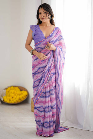 Lavender Georgette Saree Featuring Digital Print & Mirror Embroidery Border
