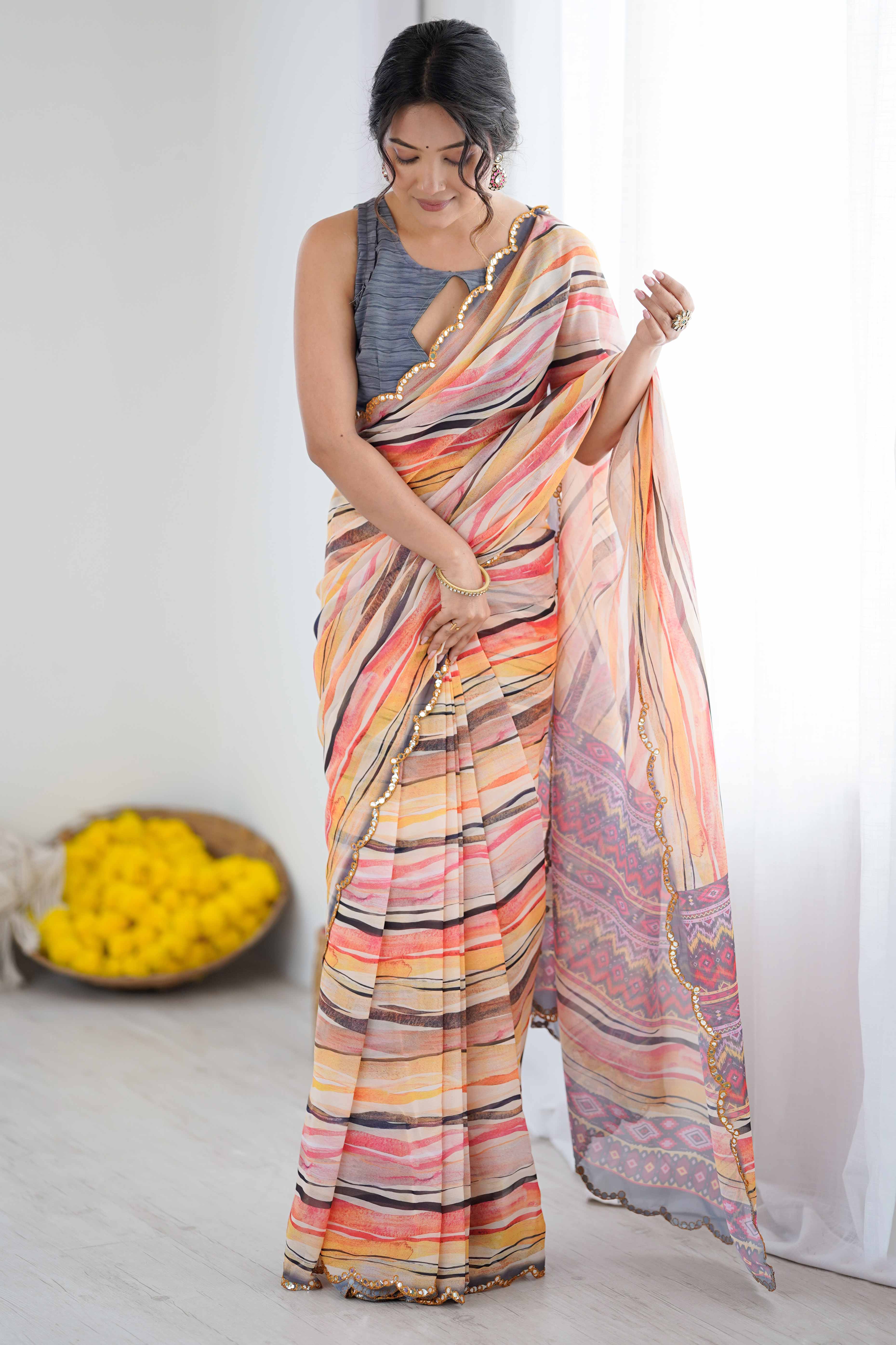 Orange Georgette Saree Featuring Digital Print & Mirror Embroidery Border