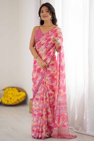 Pink Georgette Saree Featuring Digital Print & Mirror Embroidery Border