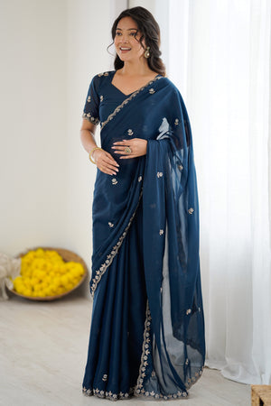 Blue Partywear Star Georgette Saree Adorned with Floral Embroidery and Beads Work