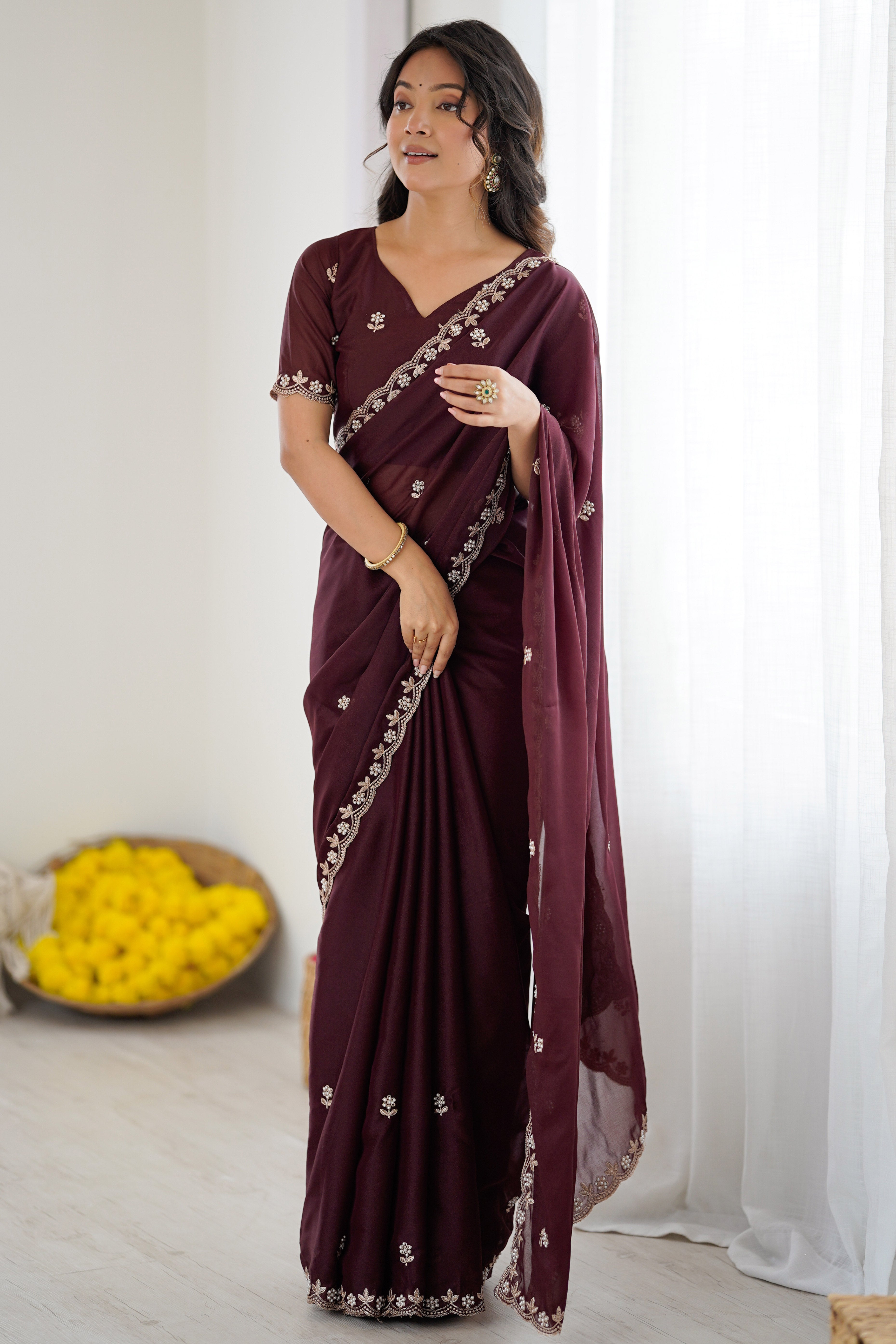 Brown Partywear Star Georgette Saree Adorned with Floral Embroidery and Beads Work