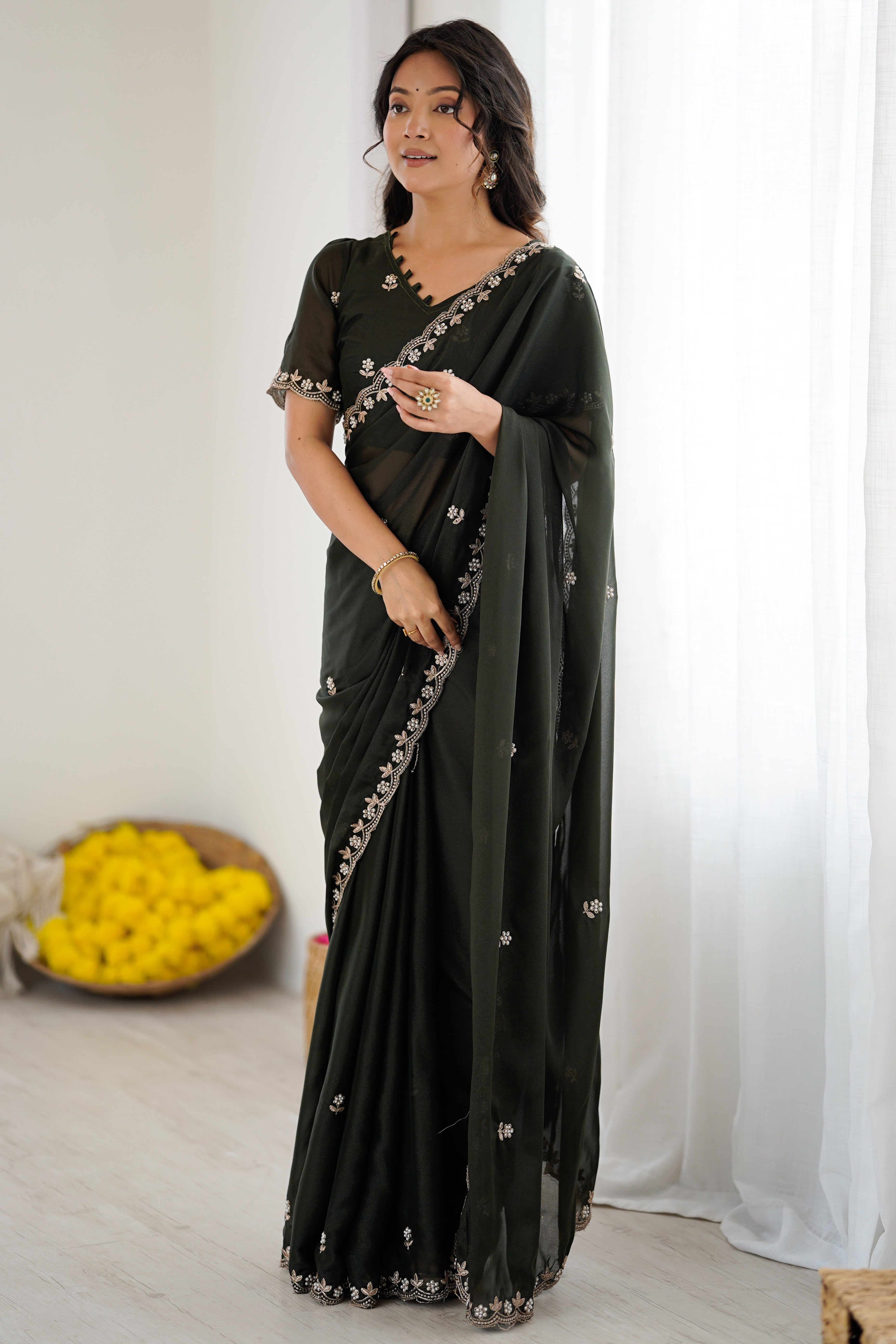 Mehendi Green Partywear Star Georgette Saree Adorned with Floral Embroidery and Beads Work