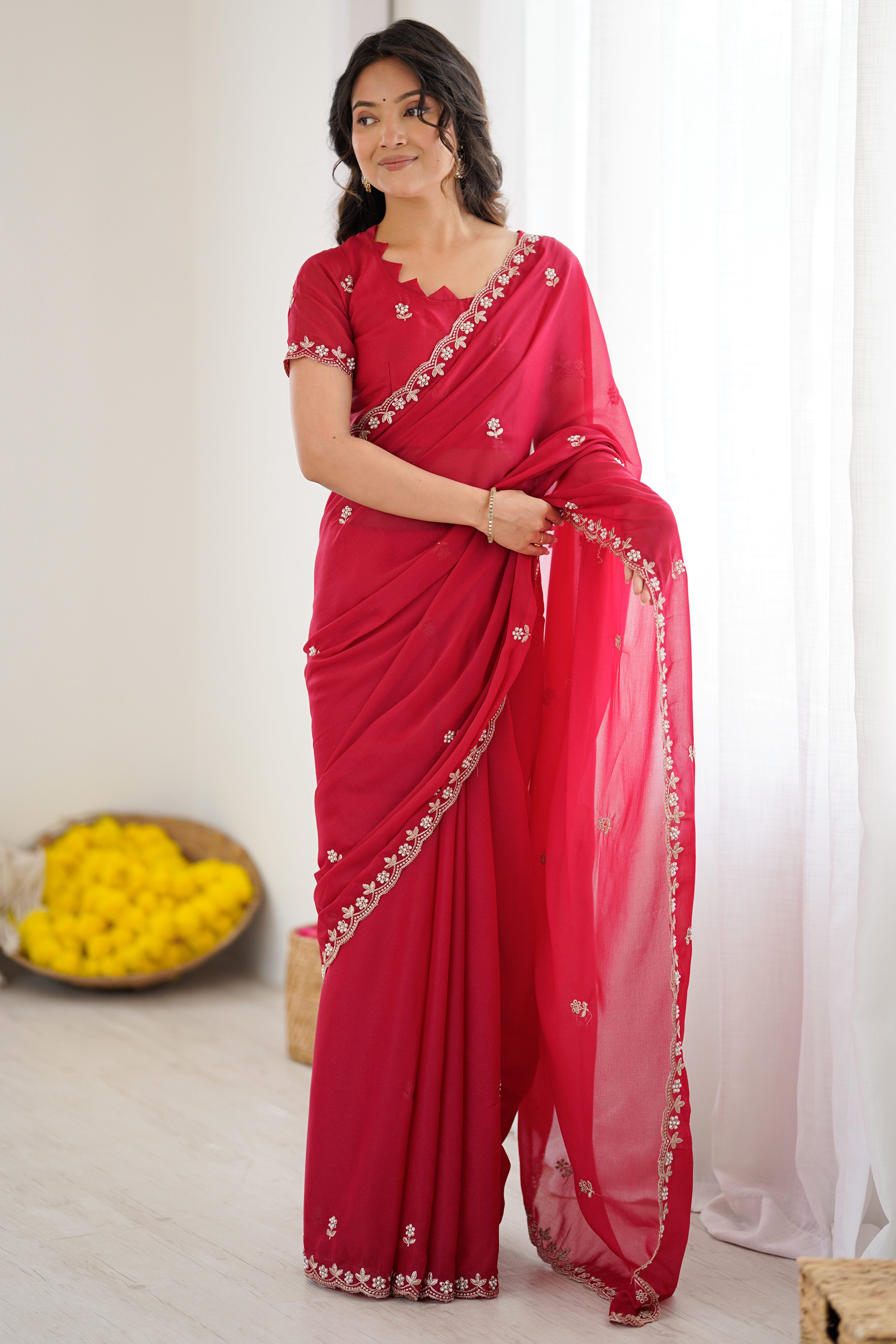 Pink Partywear Star Georgette Saree Adorned with Floral Embroidery and Beads Work