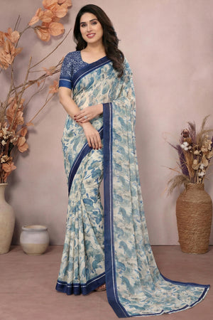 Timeless Blue Leaf Printed Moss Saree With A Sophisticated Satin Patta Border