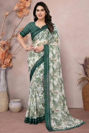 Timeless Green Leaf Printed Moss Saree With A Sophisticated Satin Patta Border