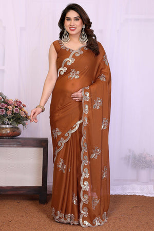 Charming Brown Floral & Peacock Motif Georgette Saree Enhanced With Sequins Embroidery