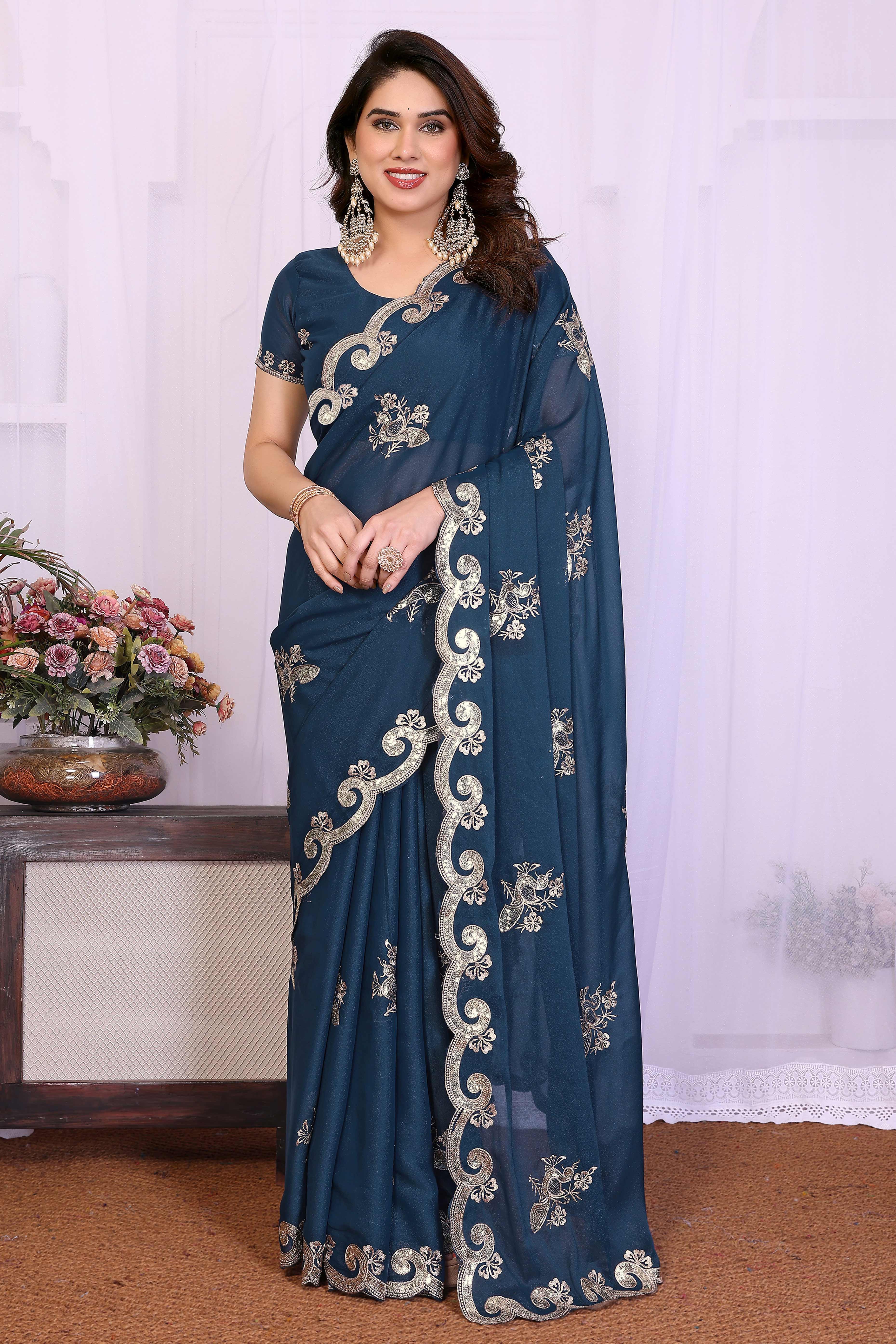Charming Morpich Blue Floral & Peacock Motif Georgette Saree Enhanced With Sequins Embroidery