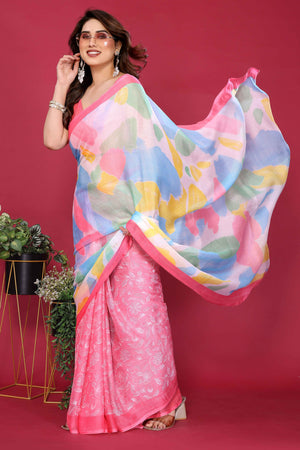 Elegant Gajri Pink Abstract Print Saree in Lightweight Chiffon