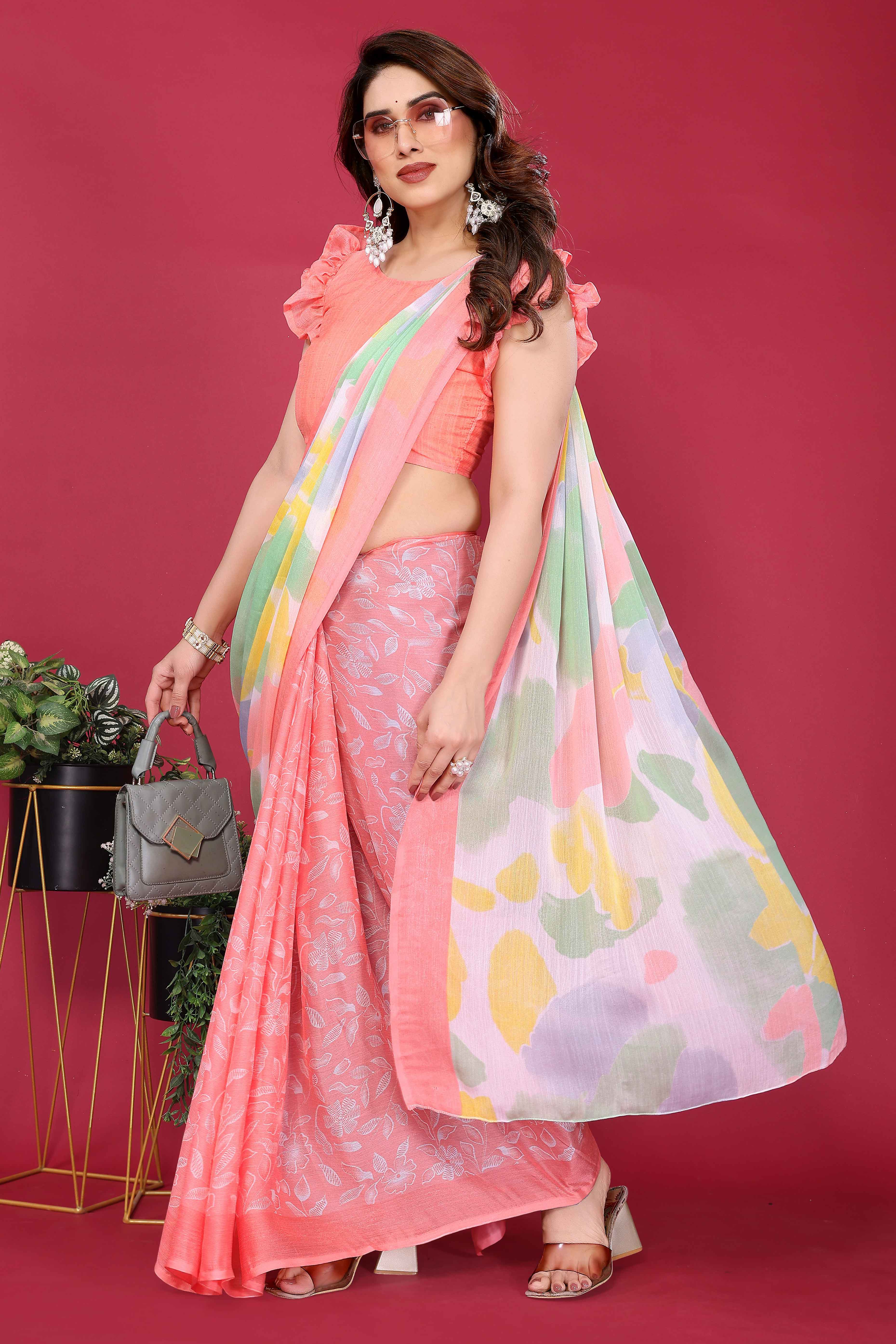 Elegant Peach Abstract Print Saree in Lightweight Chiffon