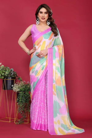 Elegant Purple Abstract Print Saree in Lightweight Chiffon