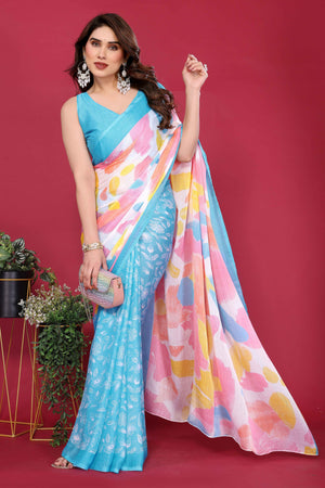 Elegant Sky Blue Abstract Print Saree in Lightweight Chiffon