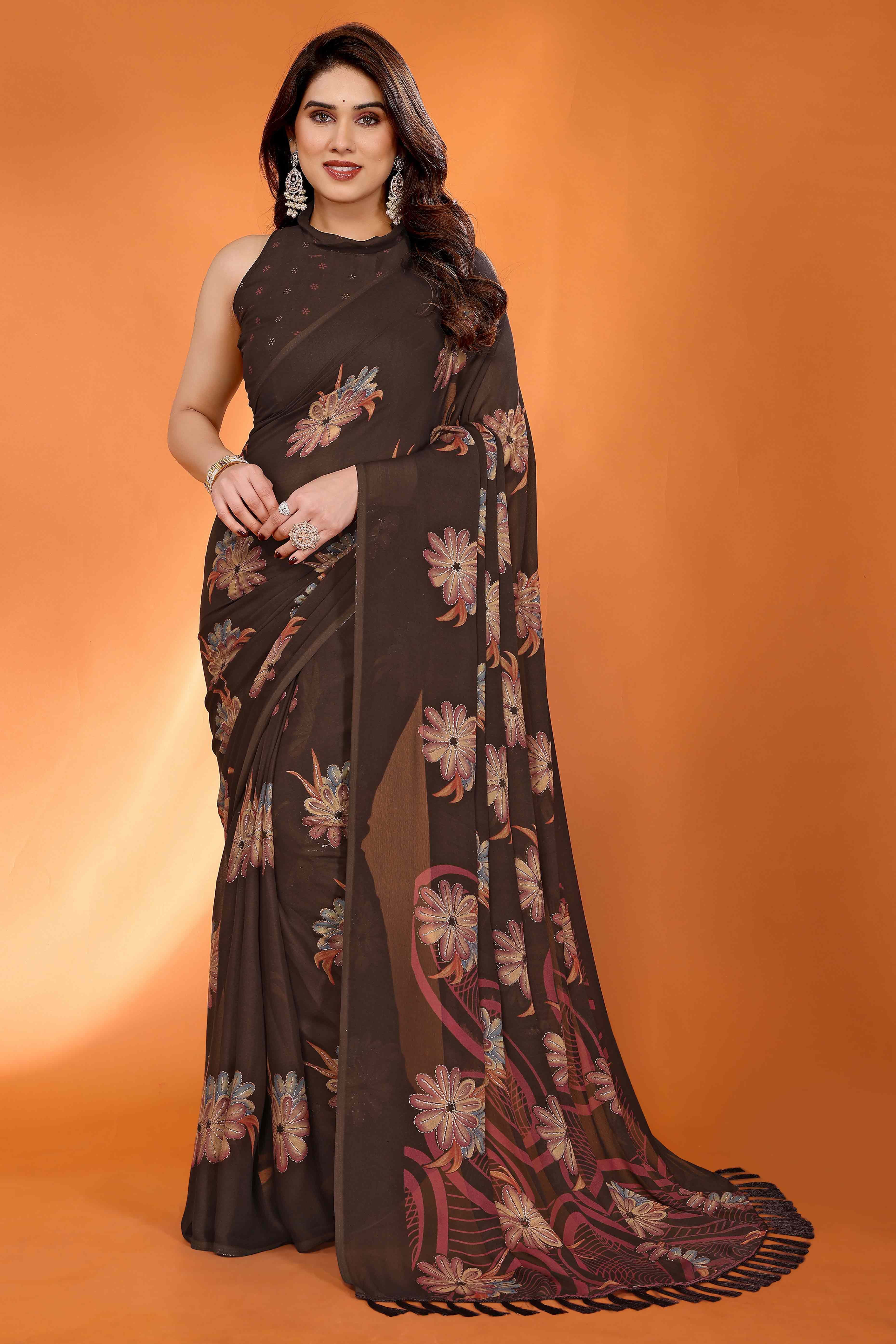 Brown Printed Saree with Zari Woven Charm in Satin Fabric