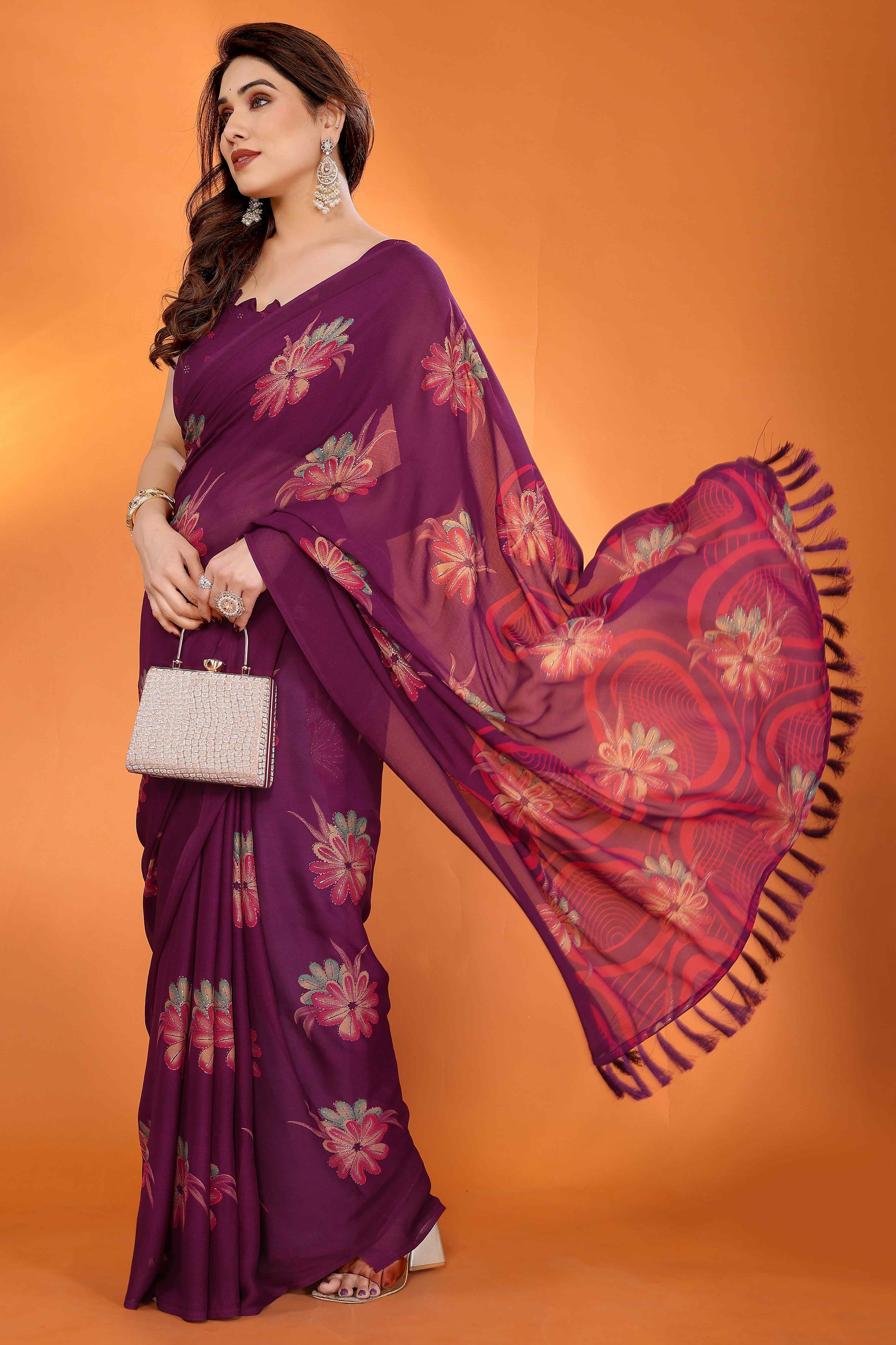 Dark Purple Printed Saree with Zari Woven Charm in Satin Fabric