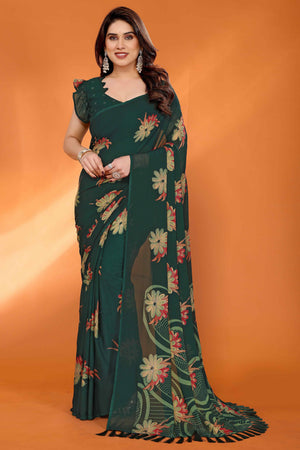 Green Printed Saree with Zari Woven Charm in Satin Fabric