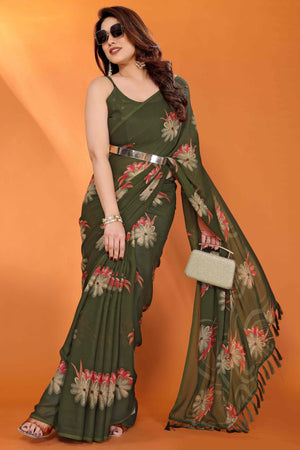 Mehendi Green Printed Saree with Zari Woven Charm in Satin Fabric
