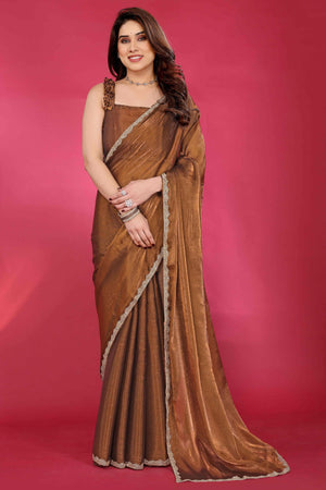 Party Wear Brown Chiffon Solid Saree with Delicate Border Embellishment