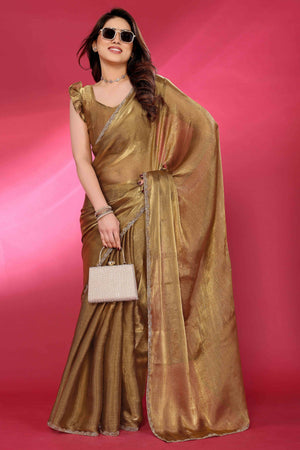 Party Wear Gold Chiffon Solid Saree with Delicate Border Embellishment