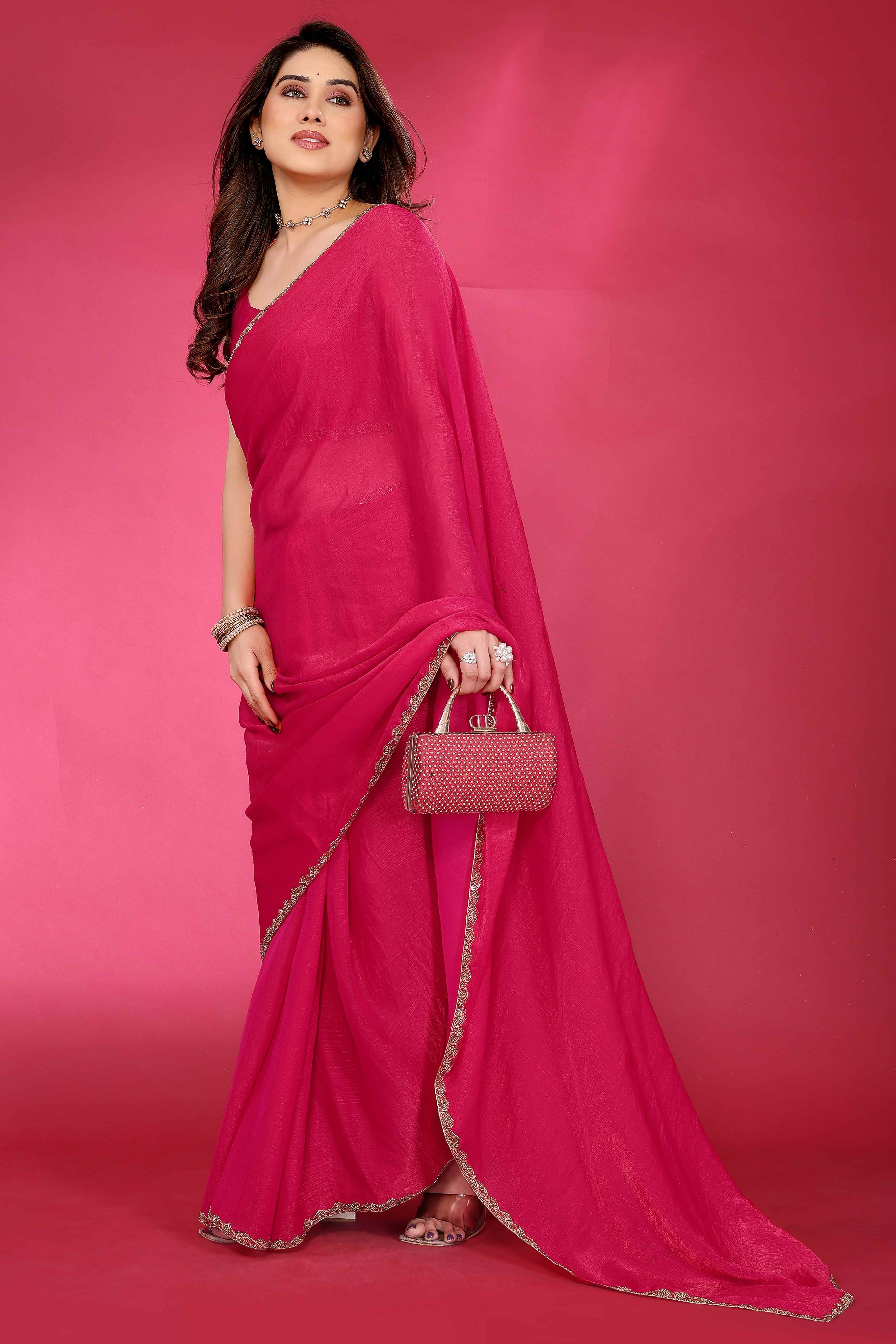 Party Wear Pink Chiffon Solid Saree with Delicate Border Embellishment