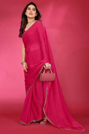 Party Wear Pink Chiffon Solid Saree with Delicate Border Embellishment
