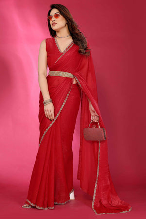 Party Wear Red Chiffon Solid Saree with Delicate Border Embellishment