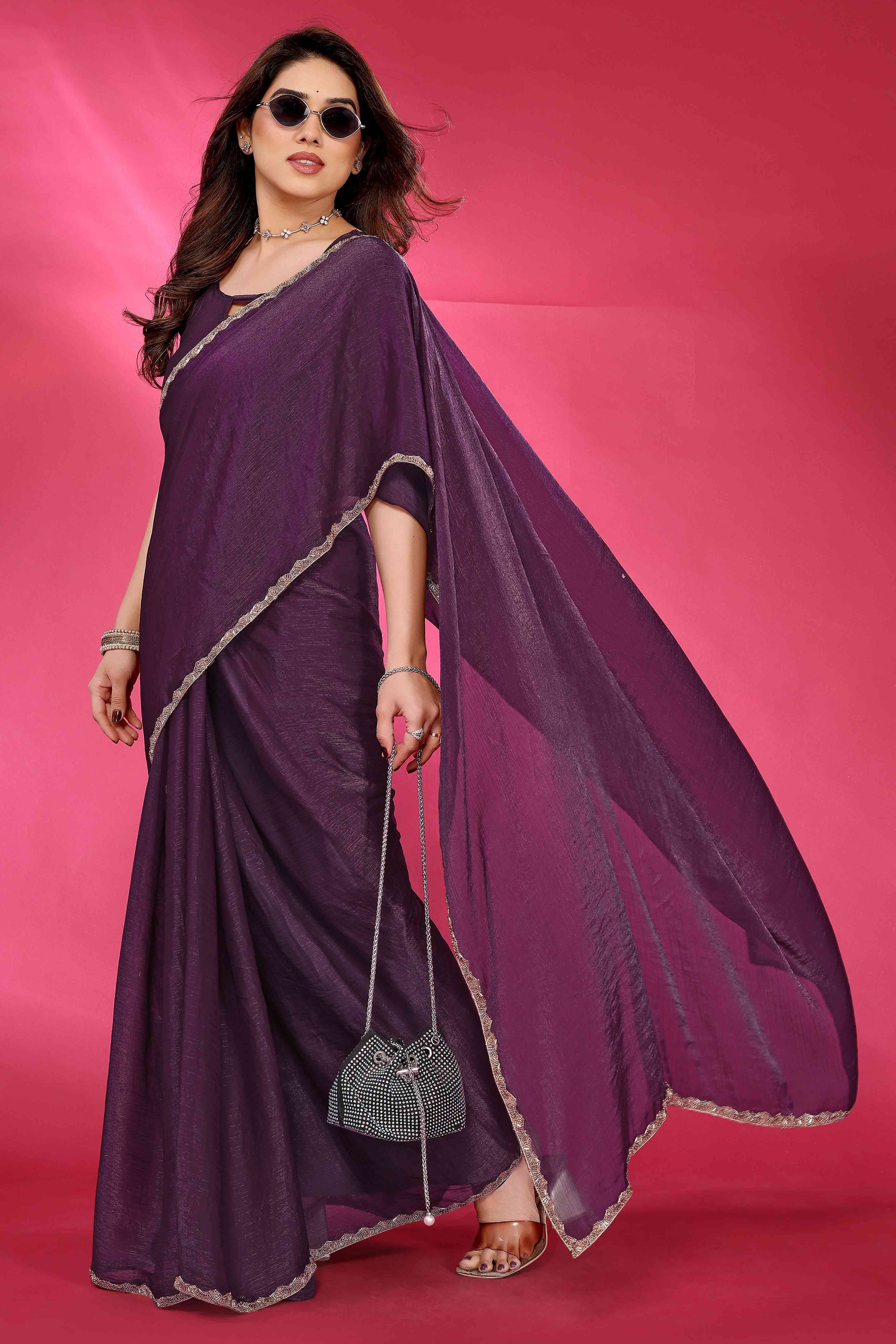 Party Wear Wine Chiffon Solid Saree with Delicate Border Embellishment