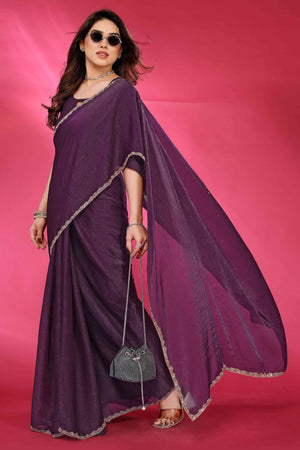 Party Wear Wine Chiffon Solid Saree with Delicate Border Embellishment