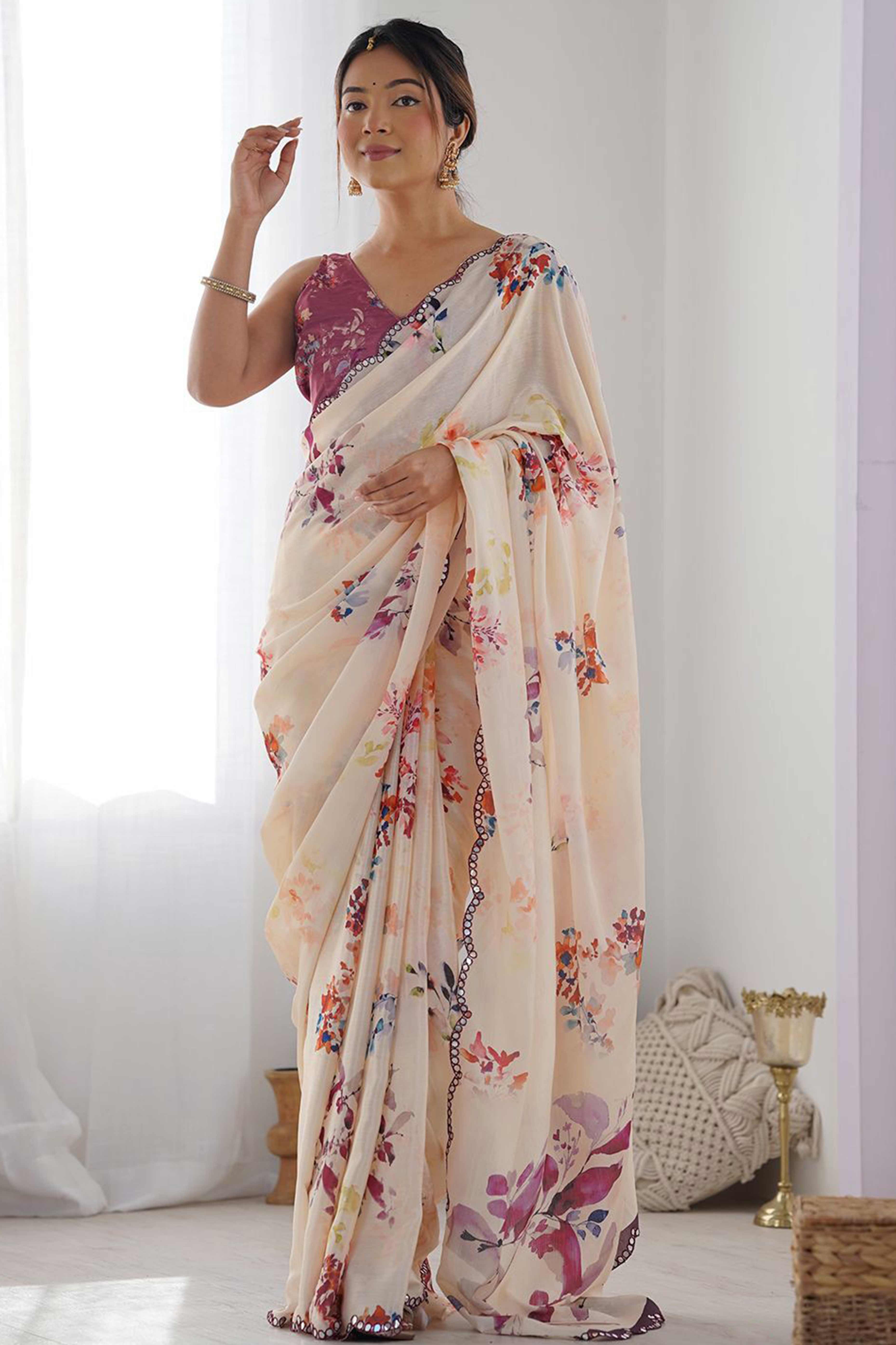 Cream Floral Digital Print Georgette Saree Enhanced With A Sparkling Lace Border