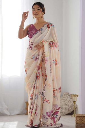 Cream Floral Digital Print Georgette Saree Enhanced With A Sparkling Lace Border