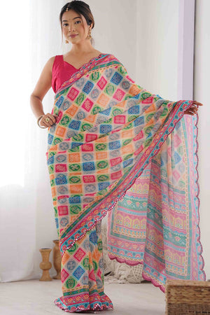 Multicolor Digital Print Georgette Saree Enhanced With A Sparkling Lace Border