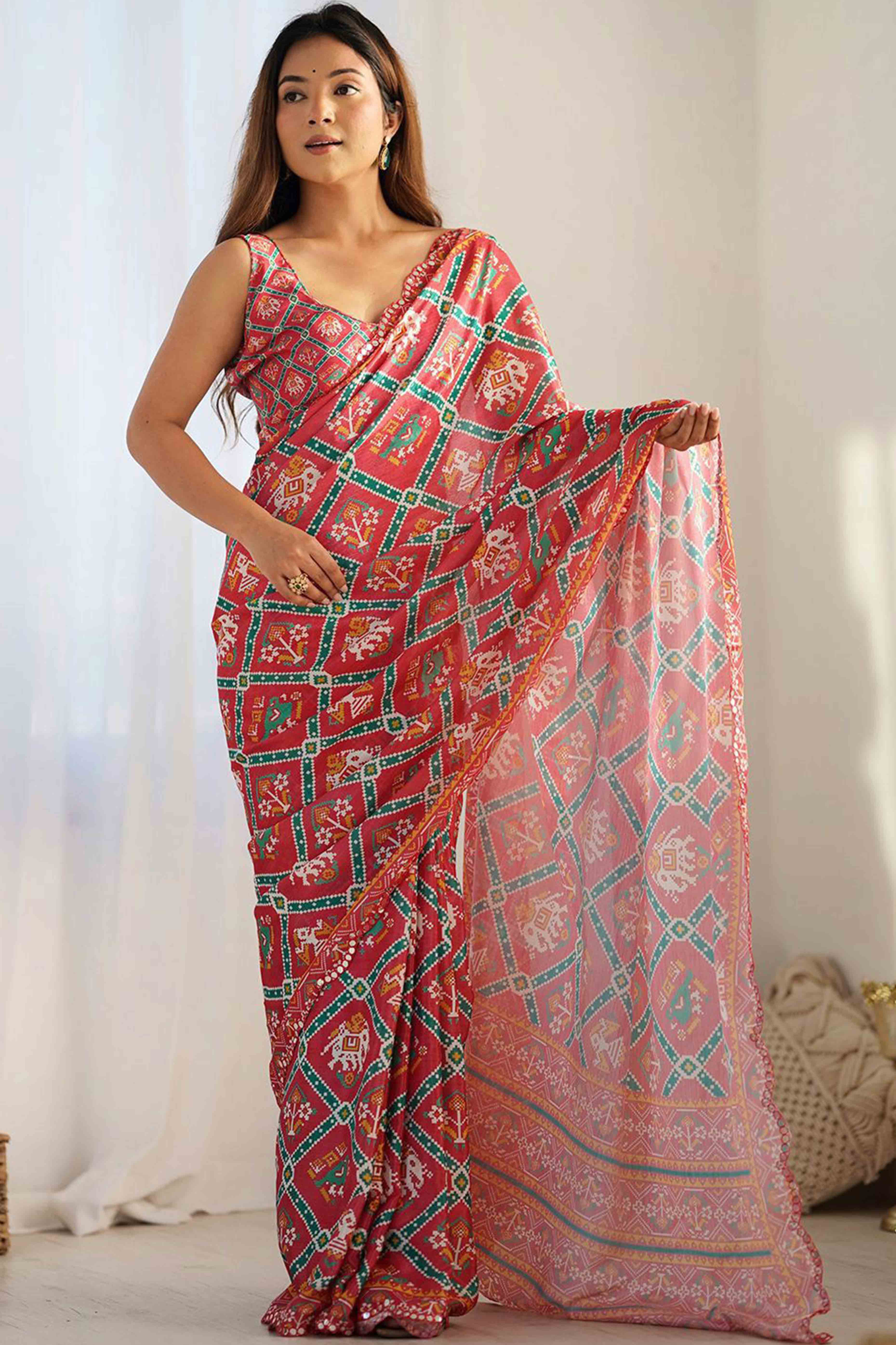 Red Digital Print Georgette Saree Enhanced With A Sparkling Lace Border