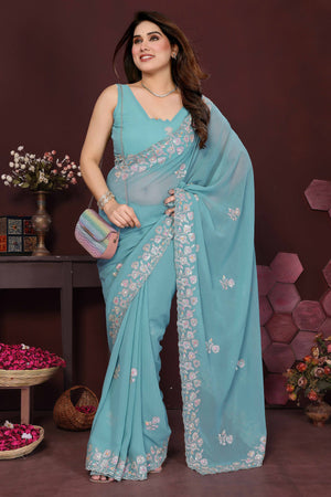 Blue Georgette Saree Featuring Intricate Floral Sequin Embroidery