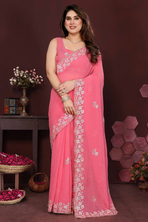 Gajari Pink Georgette Saree Featuring Intricate Floral Sequin Embroidery